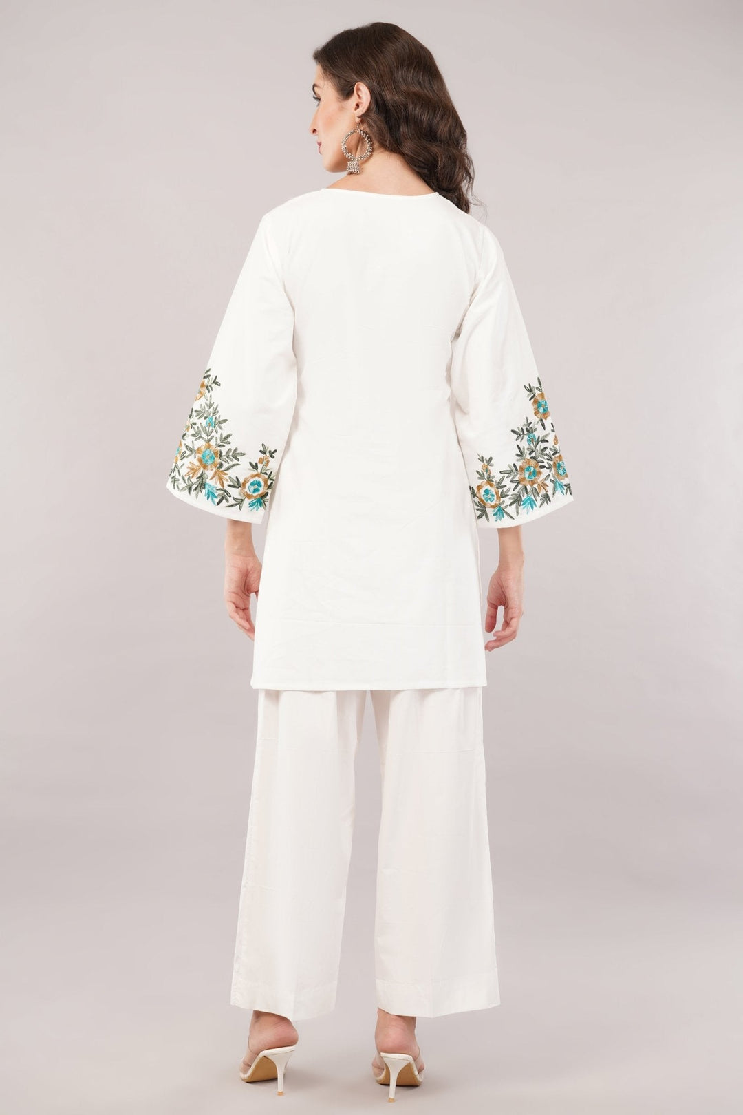 White Pure Cotton Short Kurti Set with Floral Embroidery | Office & Party Wear for Women