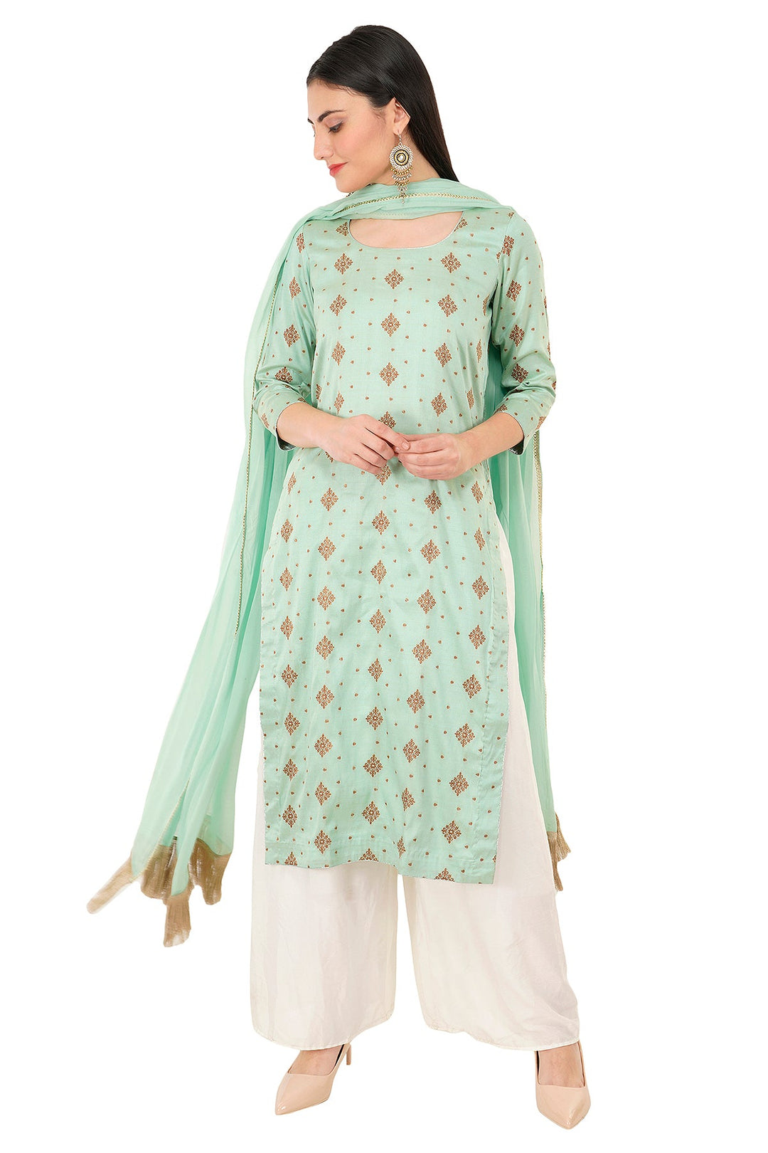 Kashmiri Embroidered Kurta - Ksona | Elegant Hand - Embroidered Cotton Kurta Set with Plazo and Dupatta, Perfect for Festive Occasions | Customized Kashmiri Embroidered Kurta Set