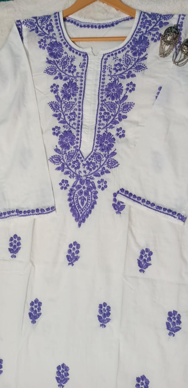 Kashmiri Embroidered Kurta - Ksona | Elegant Hand - Embroidered Cotton Kurta Set with Plazo and Dupatta, Perfect for Festive Occasions | Customized Kashmiri Embroidered Kurta Set
