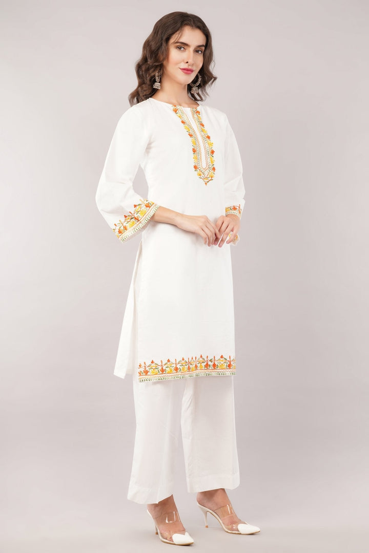White Embroidered Cotton Kurta with High-Waisted Flare Pants