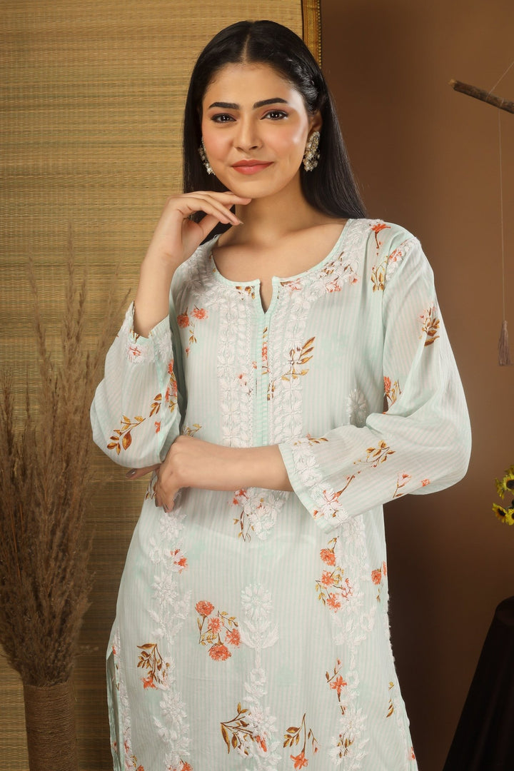 Kashmiri Embroidered Kurta - Ksona | Elegant Hand - Embroidered Cotton Kurta Set with Plazo and Dupatta, Perfect for Festive Occasions | Customized Kashmiri Embroidered Kurta Set