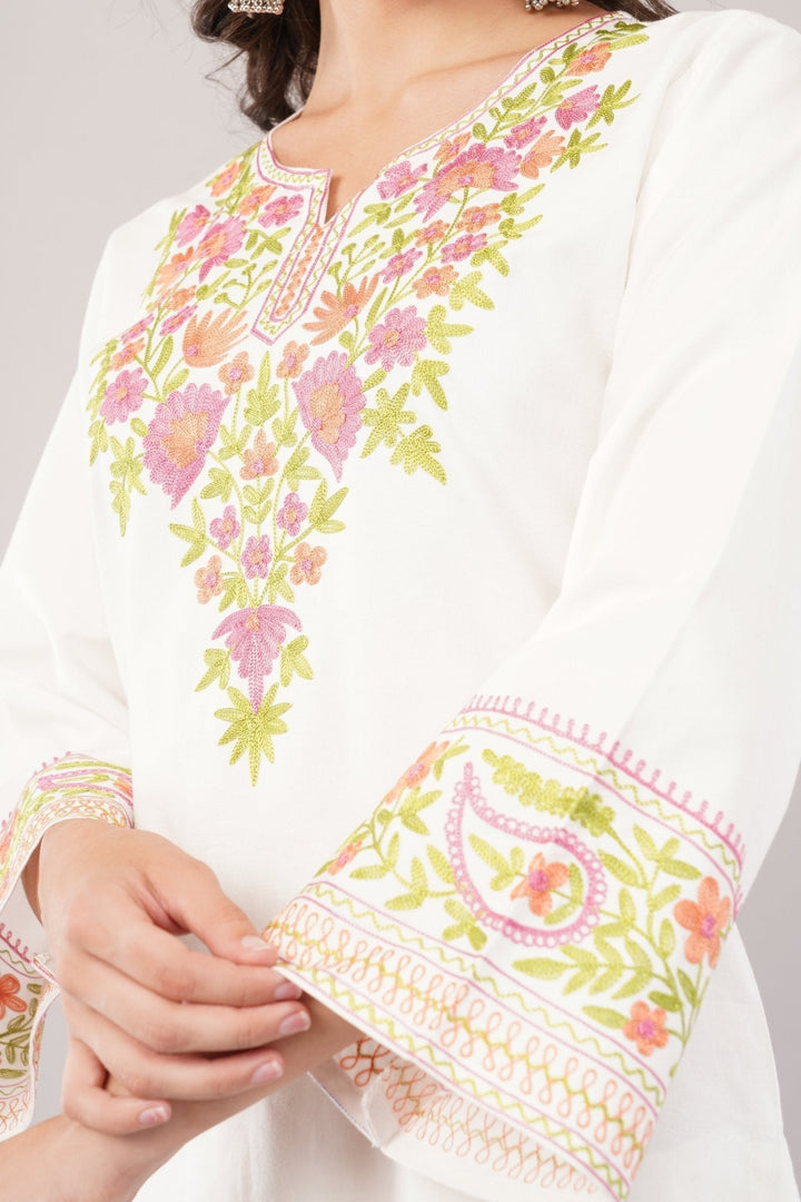 White Pure Cotton Kurta Set with Silk Thread Work and Plazo Set 