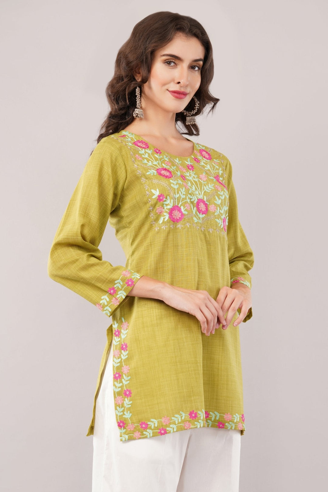 Lime Green Floral Embroidered Cotton Kurti | Summer Casual Short Kurta for Women