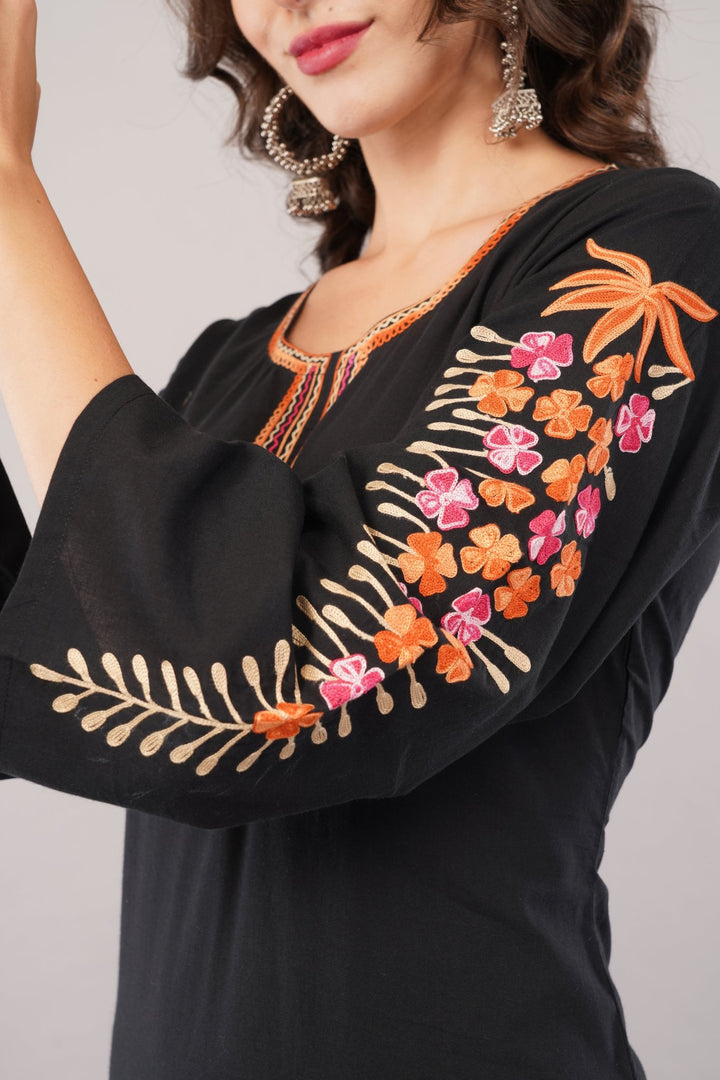 Kashmiri Embroidered Kurta - Ksona | Elegant Hand - Embroidered Cotton Kurta Set with Plazo and Dupatta, Perfect for Festive Occasions | Customized Kashmiri Embroidered Kurta Set