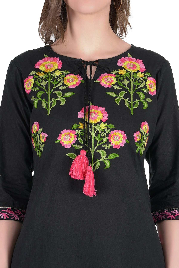 Kashmiri Embroidered Kurta - Ksona | Elegant Hand - Embroidered Cotton Kurta Set with Plazo and Dupatta, Perfect for Festive Occasions | Customized Kashmiri Embroidered Kurta Set