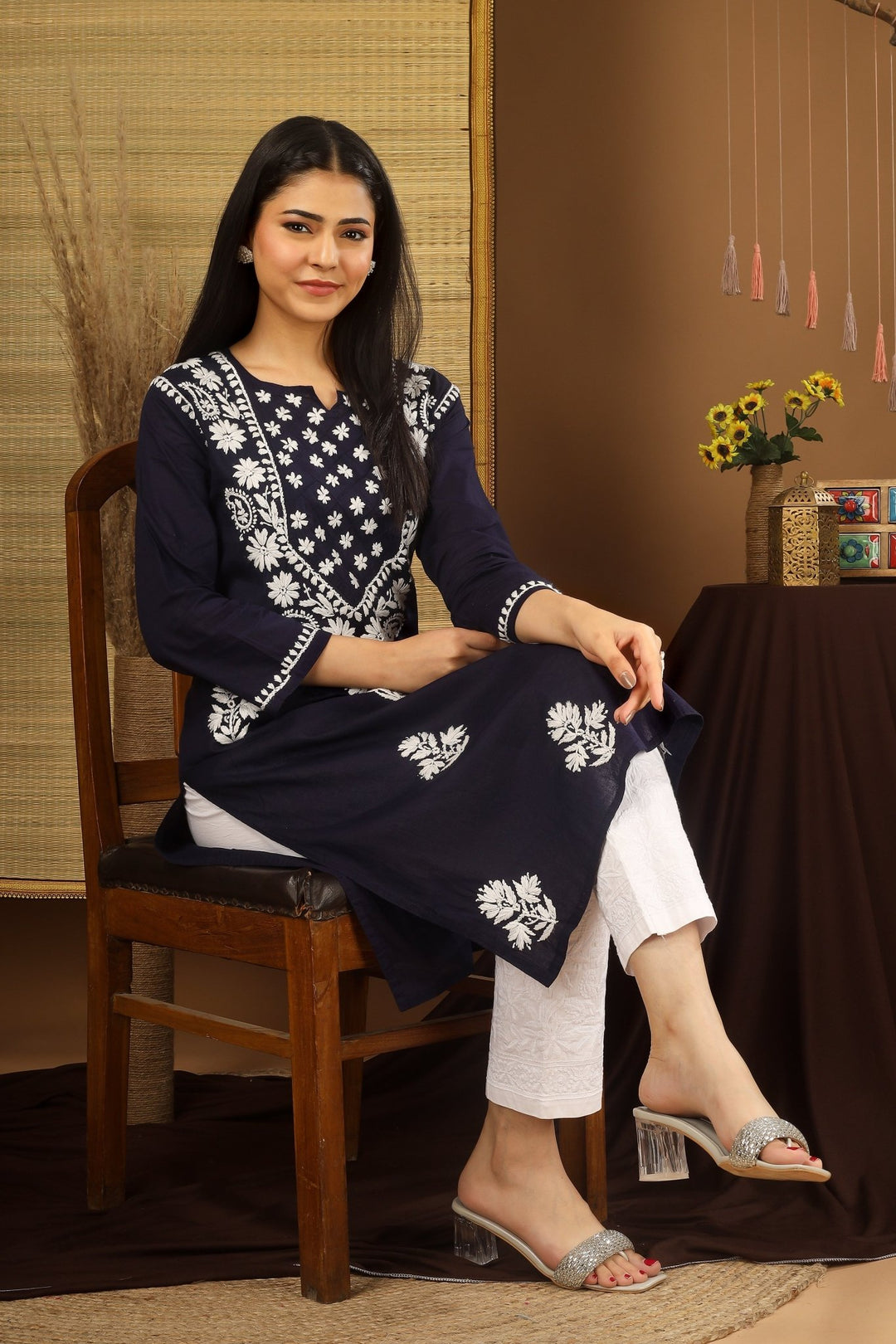 Kashmiri Embroidered Kurta - Ksona | Elegant Hand - Embroidered Cotton Kurta Set with Plazo and Dupatta, Perfect for Festive Occasions | Customized Kashmiri Embroidered Kurta Set