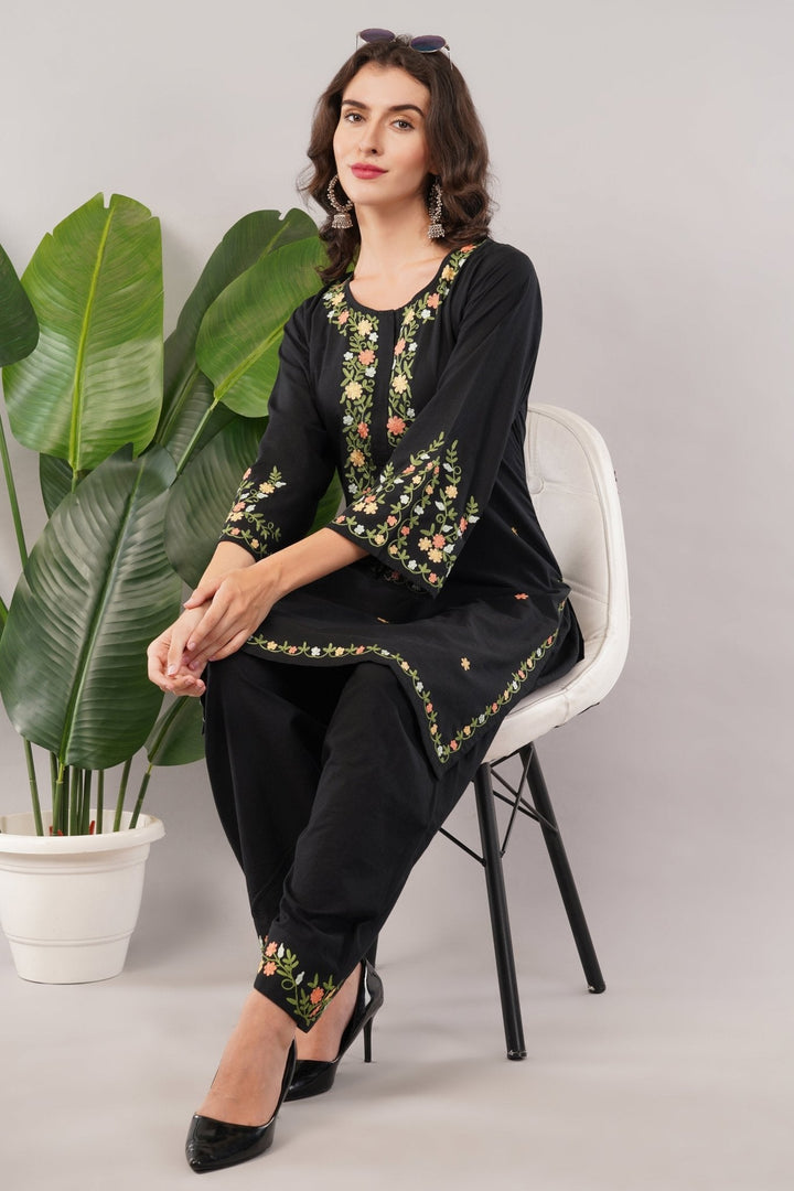 Black Embroidered Kurta Salwar Set in Soft Cotton for Women