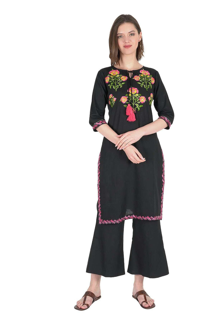 Kashmiri Embroidered Kurta - Ksona | Elegant Hand - Embroidered Cotton Kurta Set with Plazo and Dupatta, Perfect for Festive Occasions | Customized Kashmiri Embroidered Kurta Set