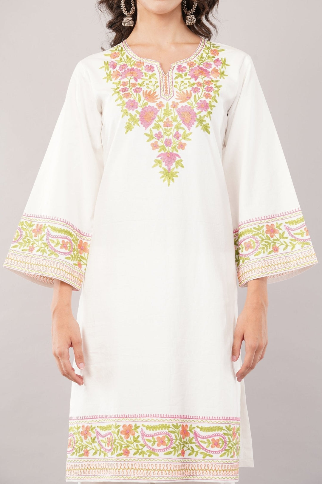 White Pure Cotton Kurta Set with Silk Thread Work and Plazo Set 