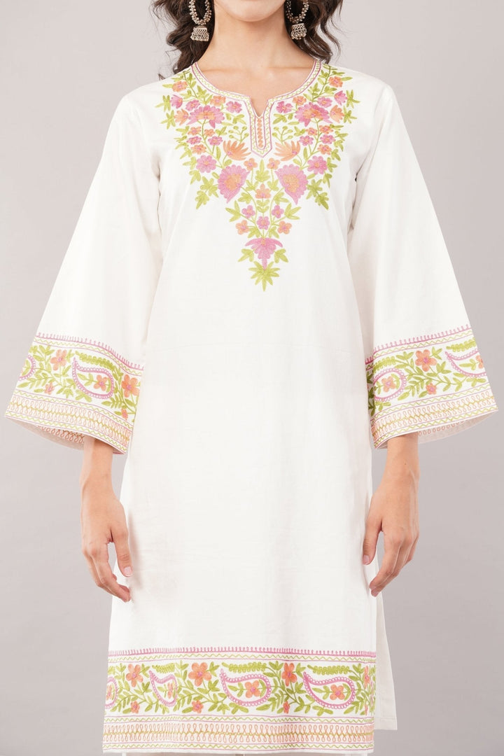 White Pure Cotton Kurta Set with Silk Thread Work and Plazo Set 