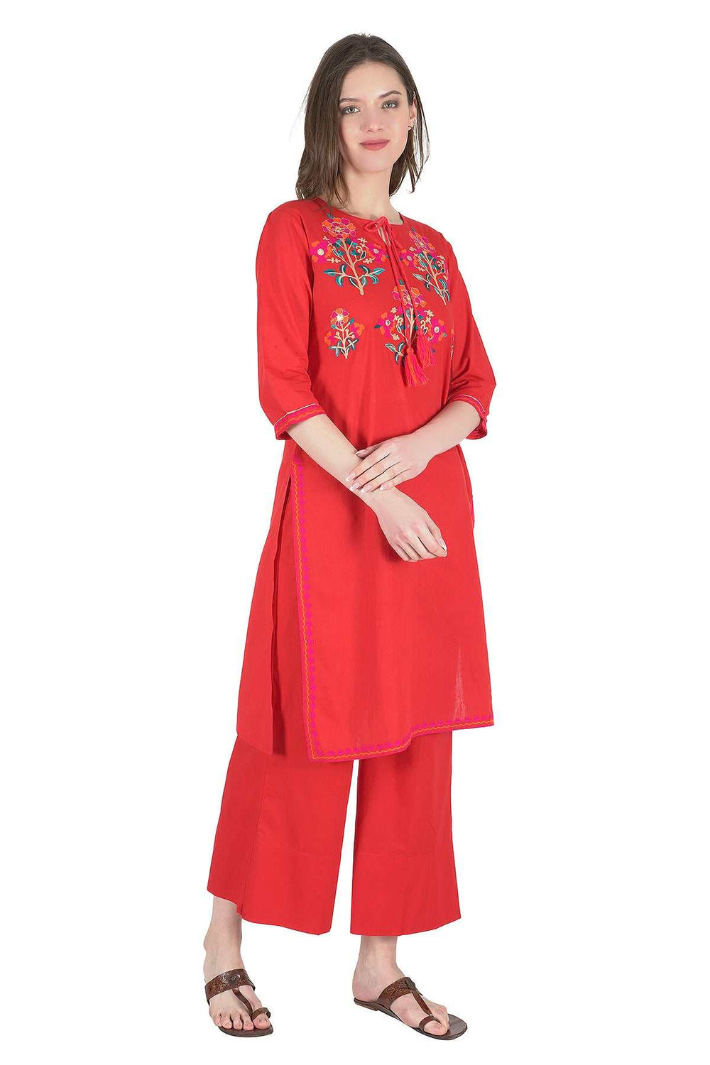 Kashmiri Embroidered Kurta - Ksona | Elegant Hand - Embroidered Cotton Kurta Set with Plazo and Dupatta, Perfect for Festive Occasions | Customized Kashmiri Embroidered Kurta Set