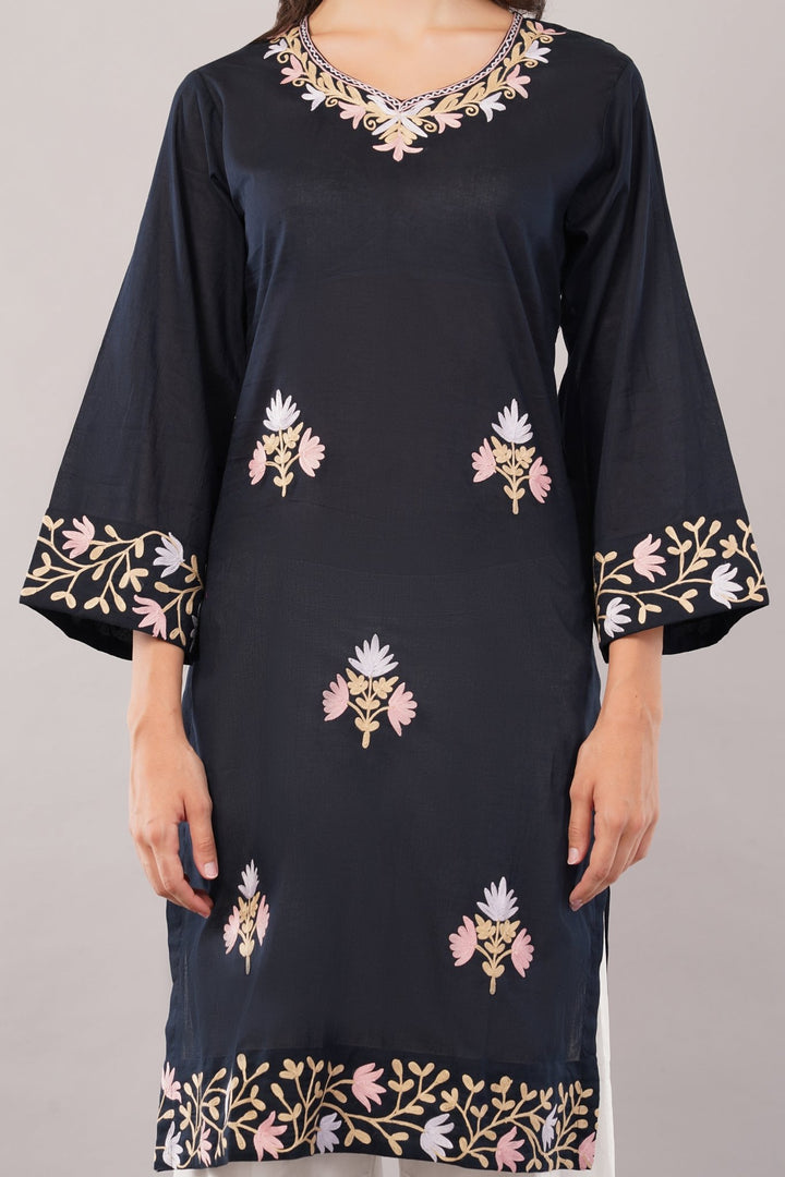 Kashmiri Embroidered Kurta - Ksona | Elegant Hand - Embroidered Cotton Kurta Set with Plazo and Dupatta, Perfect for Festive Occasions | Customized Kashmiri Embroidered Kurta Set