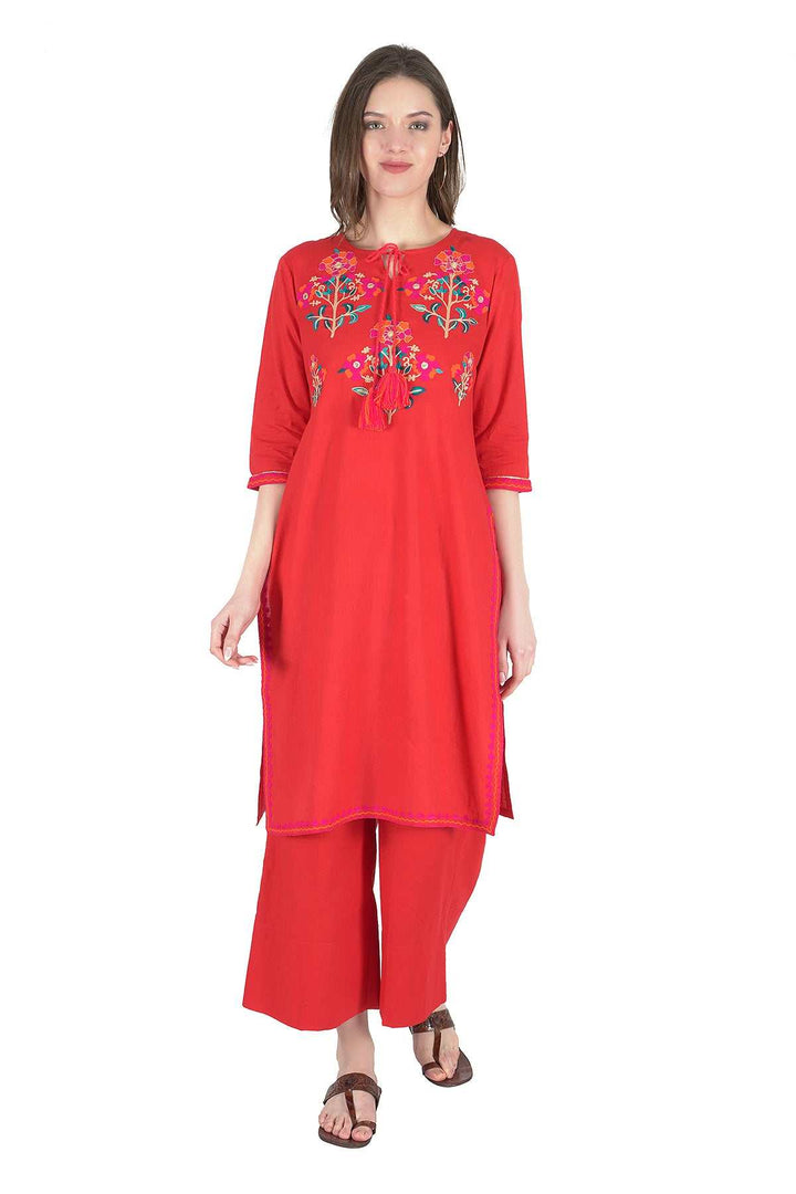 Kashmiri Embroidered Kurta - Ksona | Elegant Hand - Embroidered Cotton Kurta Set with Plazo and Dupatta, Perfect for Festive Occasions | Customized Kashmiri Embroidered Kurta Set