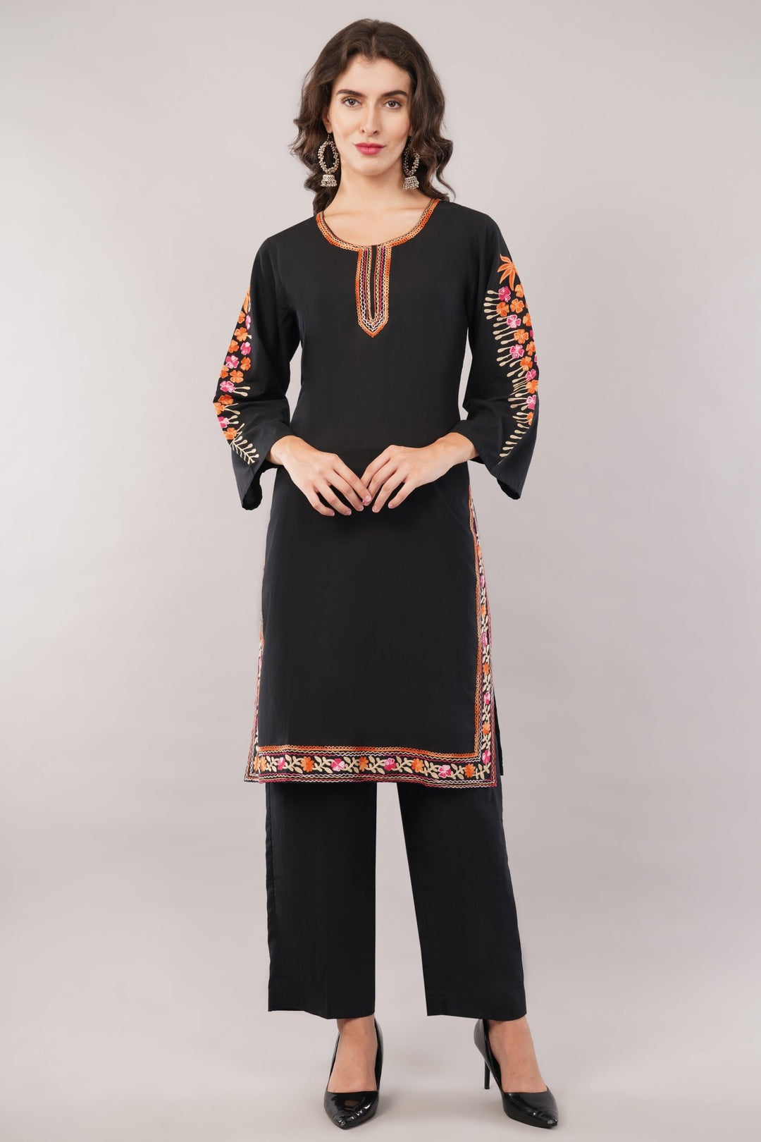 Kashmiri Embroidered Kurta - Ksona | Elegant Hand - Embroidered Cotton Kurta Set with Plazo and Dupatta, Perfect for Festive Occasions | Customized Kashmiri Embroidered Kurta Set