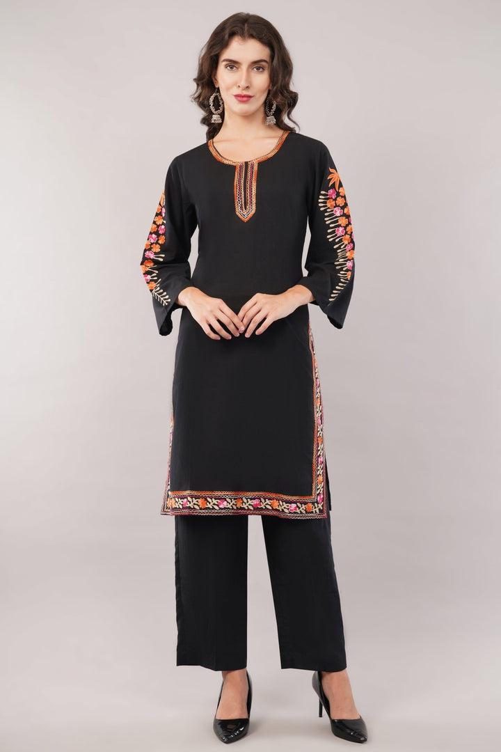 Kashmiri Embroidered Kurta - Ksona | Elegant Hand - Embroidered Cotton Kurta Set with Plazo and Dupatta, Perfect for Festive Occasions | Customized Kashmiri Embroidered Kurta Set
