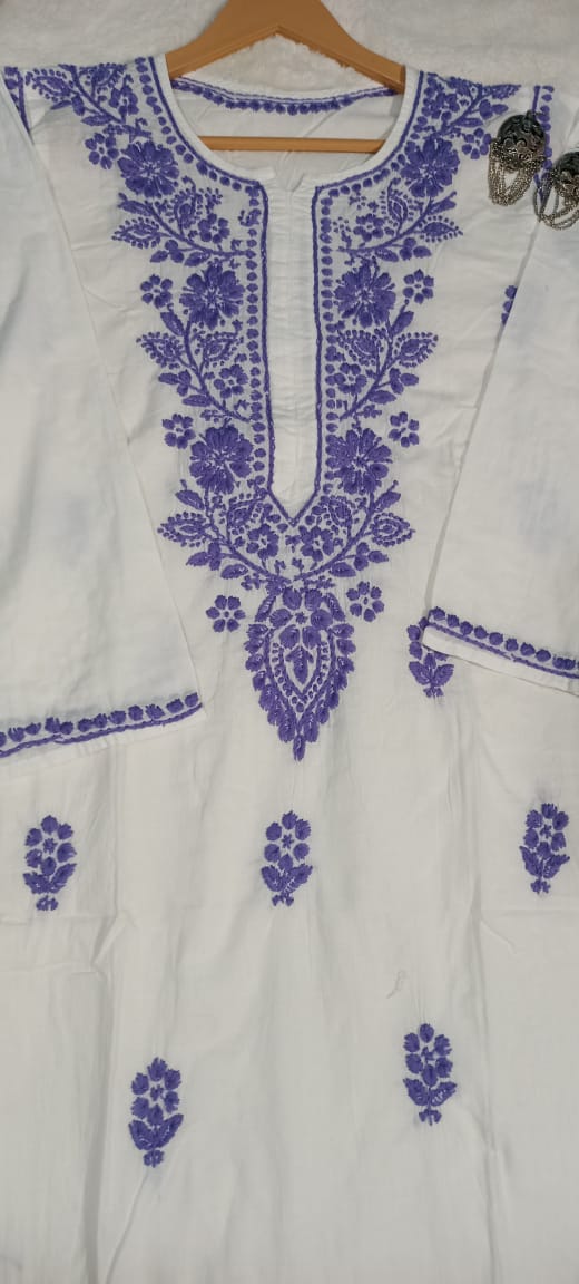 Kashmiri Embroidered Kurta - Ksona | Elegant Hand - Embroidered Cotton Kurta Set with Plazo and Dupatta, Perfect for Festive Occasions | Customized Kashmiri Embroidered Kurta Set