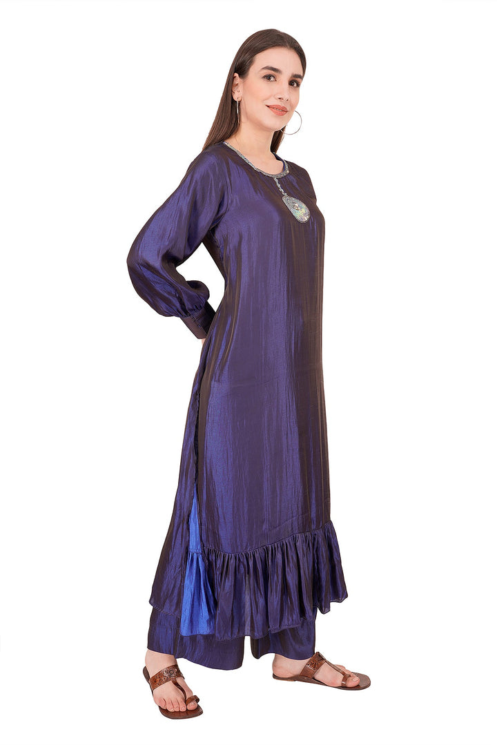 Kashmiri Embroidered Kurta - Ksona | Elegant Hand - Embroidered Cotton Kurta Set with Plazo and Dupatta, Perfect for Festive Occasions | Customized Kashmiri Embroidered Kurta Set