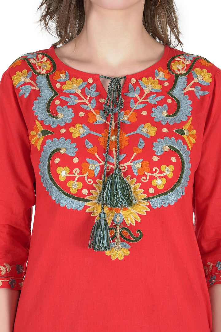 Kashmiri Embroidered Kurta - Ksona | Elegant Hand - Embroidered Cotton Kurta Set with Plazo and Dupatta, Perfect for Festive Occasions | Customized Kashmiri Embroidered Kurta Set