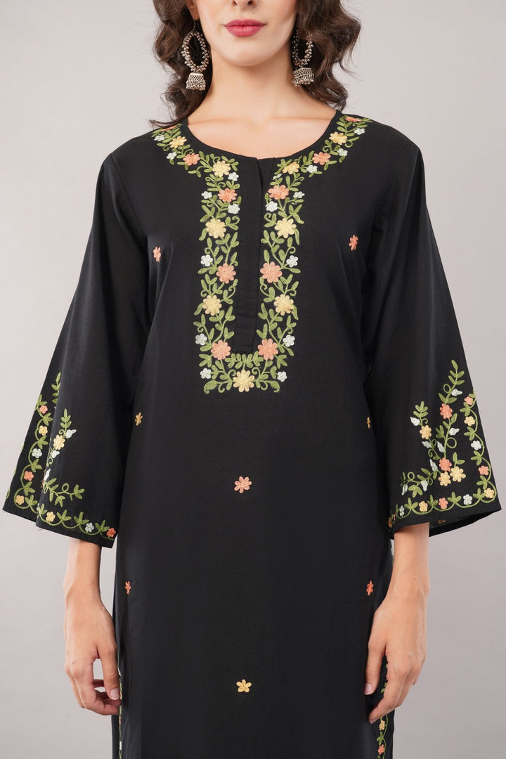 Black Embroidered Kurta Salwar Set in Soft Cotton for Women