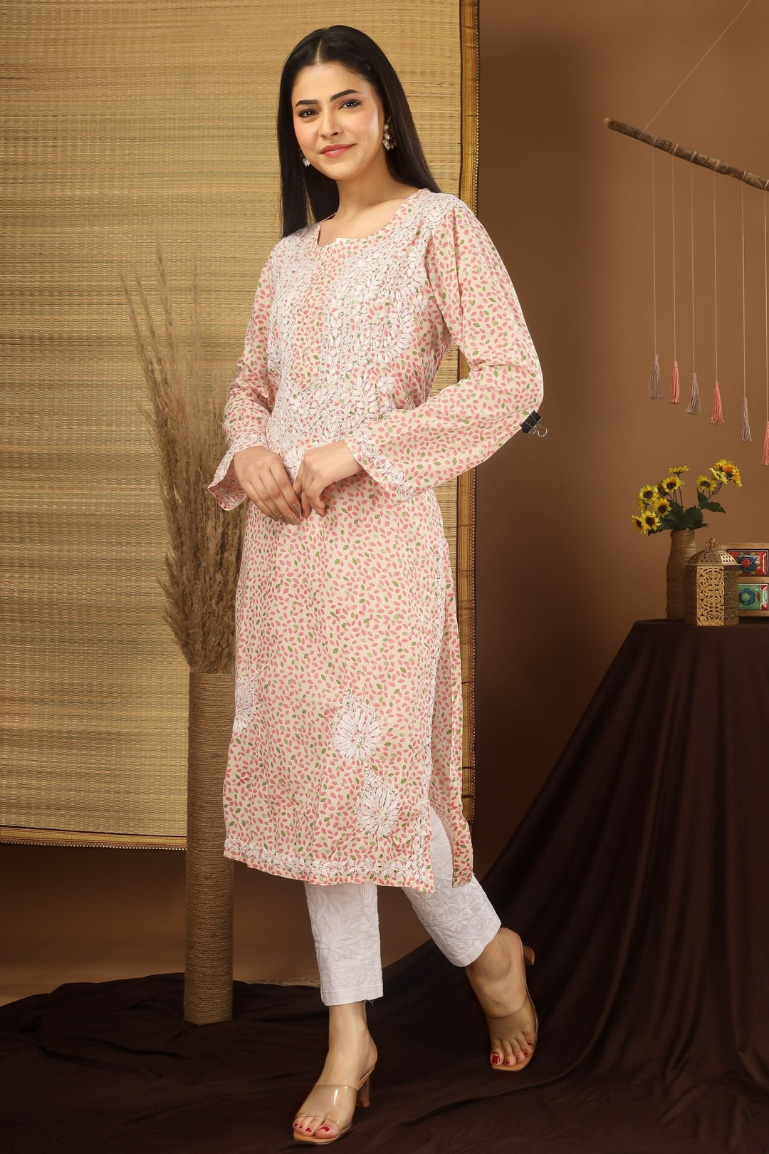 Kashmiri Embroidered Kurta - Ksona | Elegant Hand - Embroidered Cotton Kurta Set with Plazo and Dupatta, Perfect for Festive Occasions | Customized Kashmiri Embroidered Kurta Set