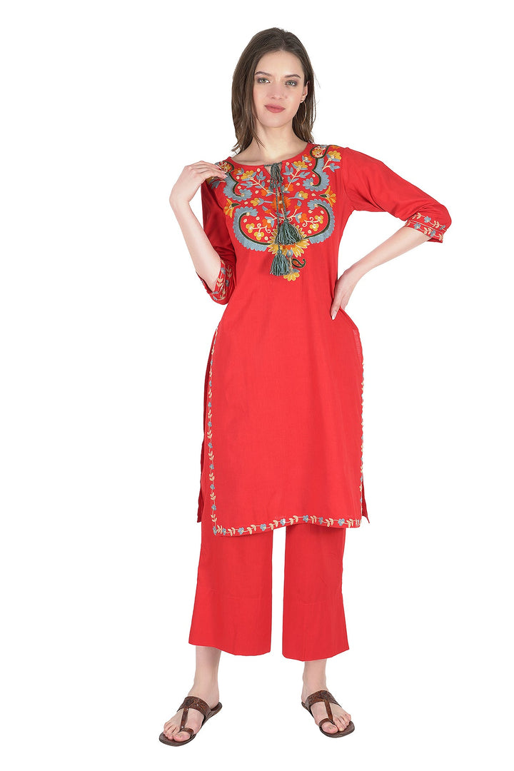 Kashmiri Embroidered Kurta - Ksona | Elegant Hand - Embroidered Cotton Kurta Set with Plazo and Dupatta, Perfect for Festive Occasions | Customized Kashmiri Embroidered Kurta Set