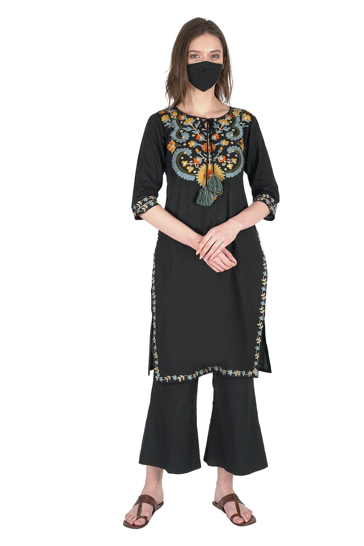 Kashmiri Embroidered Kurta - Ksona | Elegant Hand - Embroidered Cotton Kurta Set with Plazo and Dupatta, Perfect for Festive Occasions | Customized Kashmiri Embroidered Kurta Set