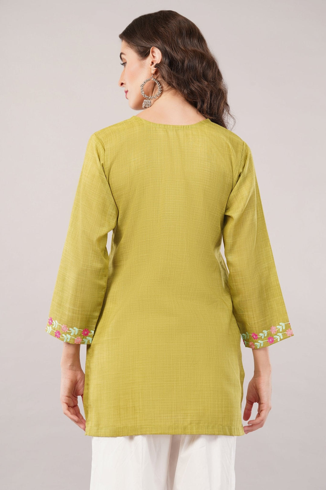 Lime Green Floral Embroidered Cotton Kurti | Summer Casual Short Kurta for Women