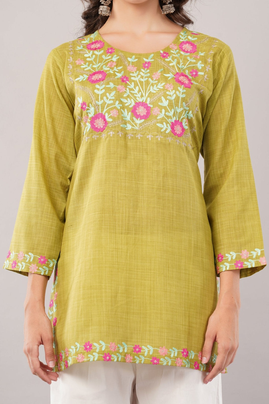 Lime Green Floral Embroidered Cotton Kurti | Summer Casual Short Kurta for Women