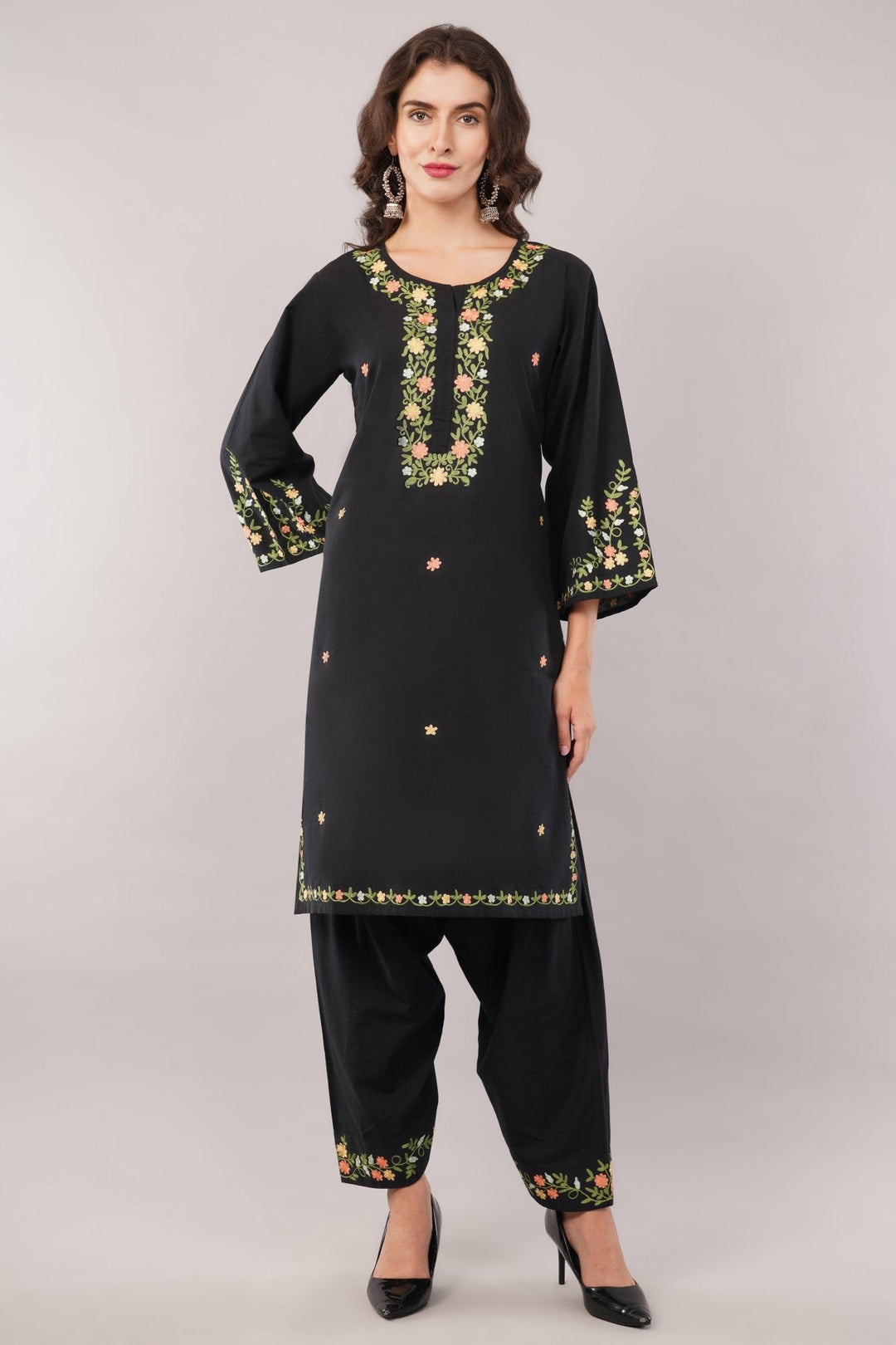 Black Embroidered Kurta Salwar Set in Soft Cotton for Women