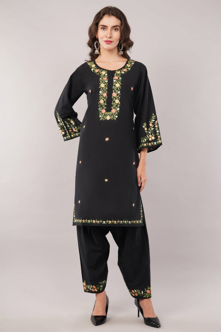 Black Embroidered Kurta Salwar Set in Soft Cotton for Women