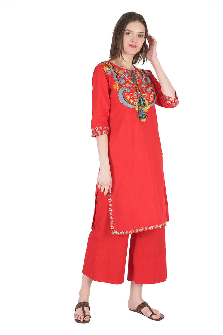 Kashmiri Embroidered Kurta - Ksona | Elegant Hand - Embroidered Cotton Kurta Set with Plazo and Dupatta, Perfect for Festive Occasions | Customized Kashmiri Embroidered Kurta Set