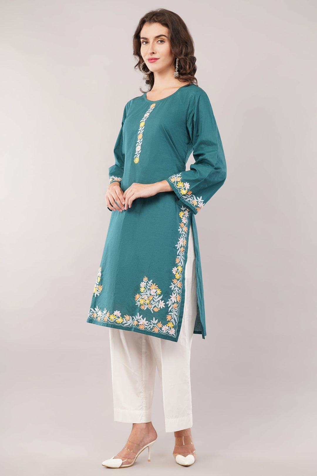 Kashmiri Embroidered Kurta - Ksona | Elegant Hand - Embroidered Cotton Kurta Set with Plazo and Dupatta, Perfect for Festive Occasions | Customized Kashmiri Embroidered Kurta Set