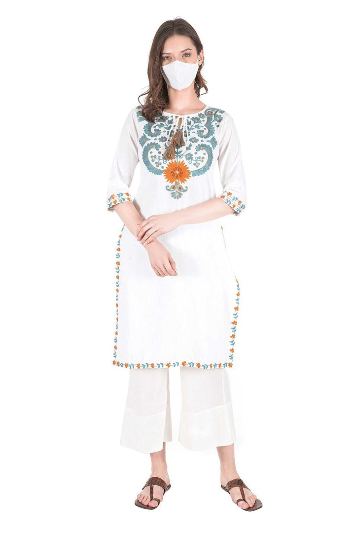 Kashmiri Embroidered Kurta - Ksona | Elegant Hand - Embroidered Cotton Kurta Set with Plazo and Dupatta, Perfect for Festive Occasions | Customized Kashmiri Embroidered Kurta Set