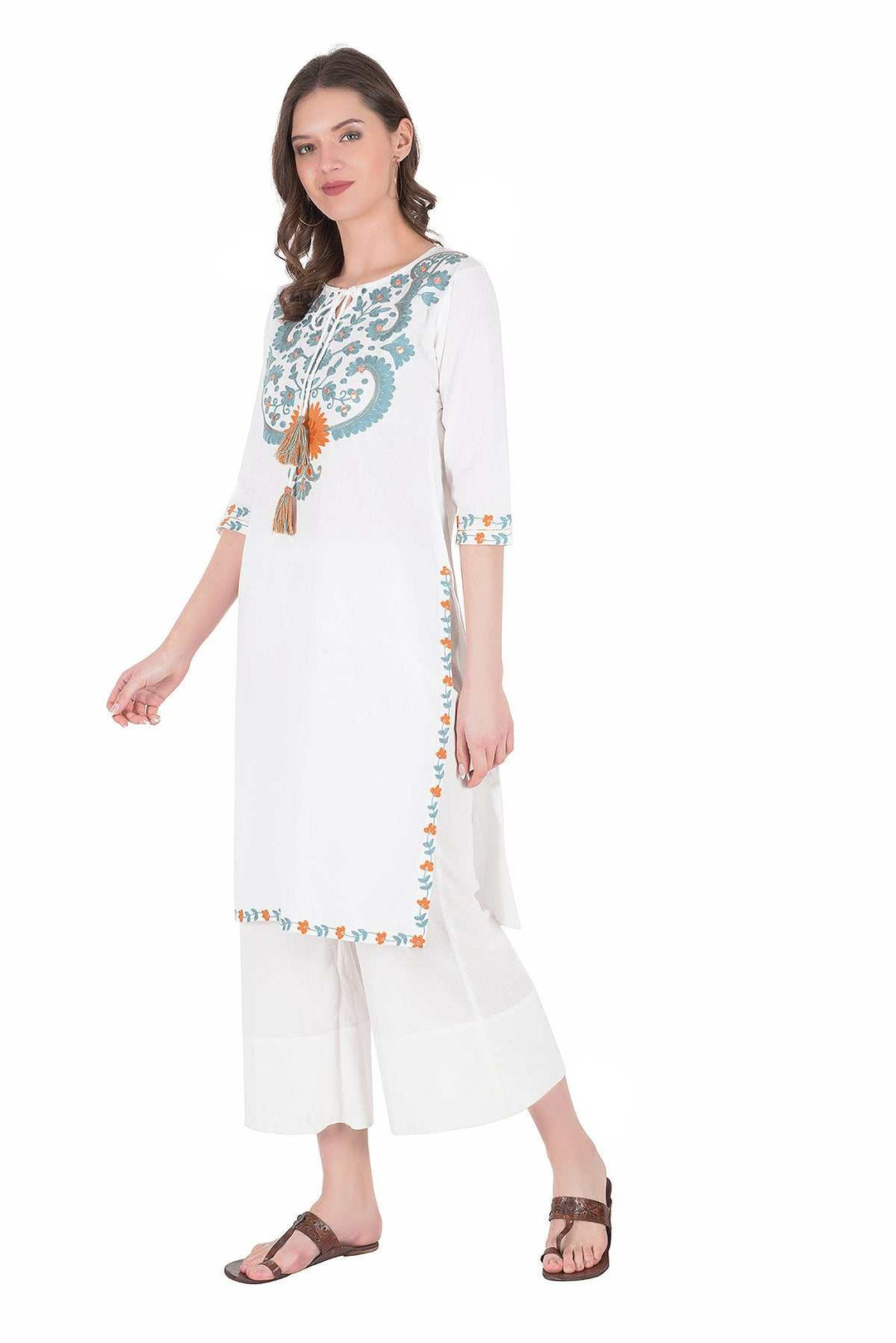 Kashmiri Embroidered Kurta - Ksona | Elegant Hand - Embroidered Cotton Kurta Set with Plazo and Dupatta, Perfect for Festive Occasions | Customized Kashmiri Embroidered Kurta Set