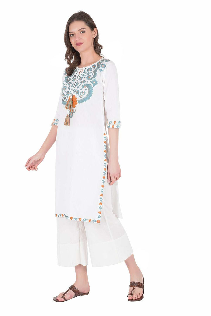 Kashmiri Embroidered Kurta - Ksona | Elegant Hand - Embroidered Cotton Kurta Set with Plazo and Dupatta, Perfect for Festive Occasions | Customized Kashmiri Embroidered Kurta Set