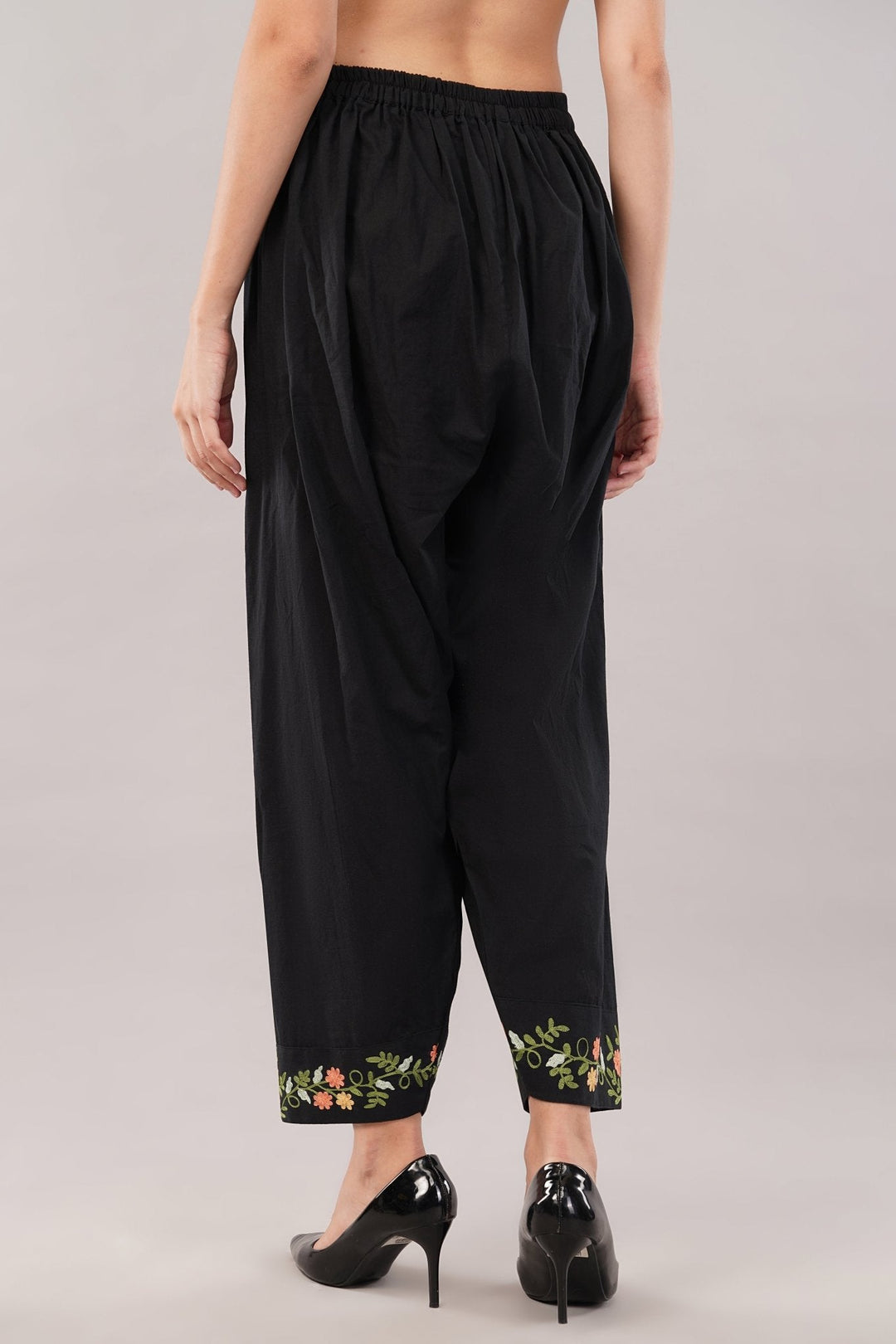 Black Embroidered Kurta Salwar Set in Soft Cotton for Women