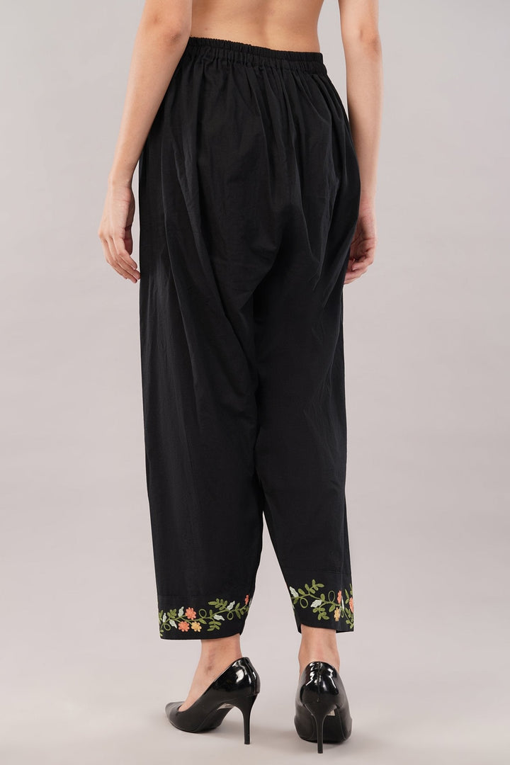 Black Embroidered Kurta Salwar Set in Soft Cotton for Women