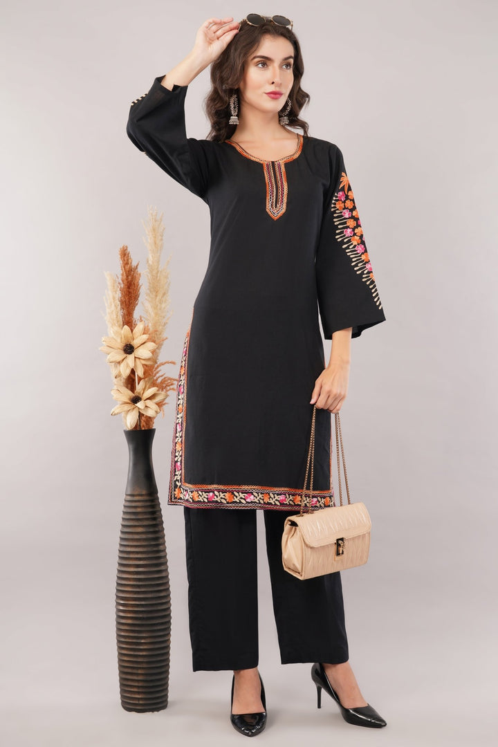 Kashmiri Embroidered Kurta - Ksona | Elegant Hand - Embroidered Cotton Kurta Set with Plazo and Dupatta, Perfect for Festive Occasions | Customized Kashmiri Embroidered Kurta Set