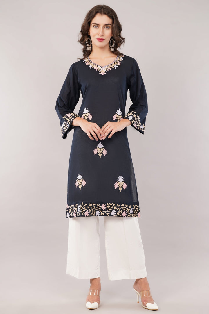 Kashmiri Embroidered Kurta - Ksona | Elegant Hand - Embroidered Cotton Kurta Set with Plazo and Dupatta, Perfect for Festive Occasions | Customized Kashmiri Embroidered Kurta Set