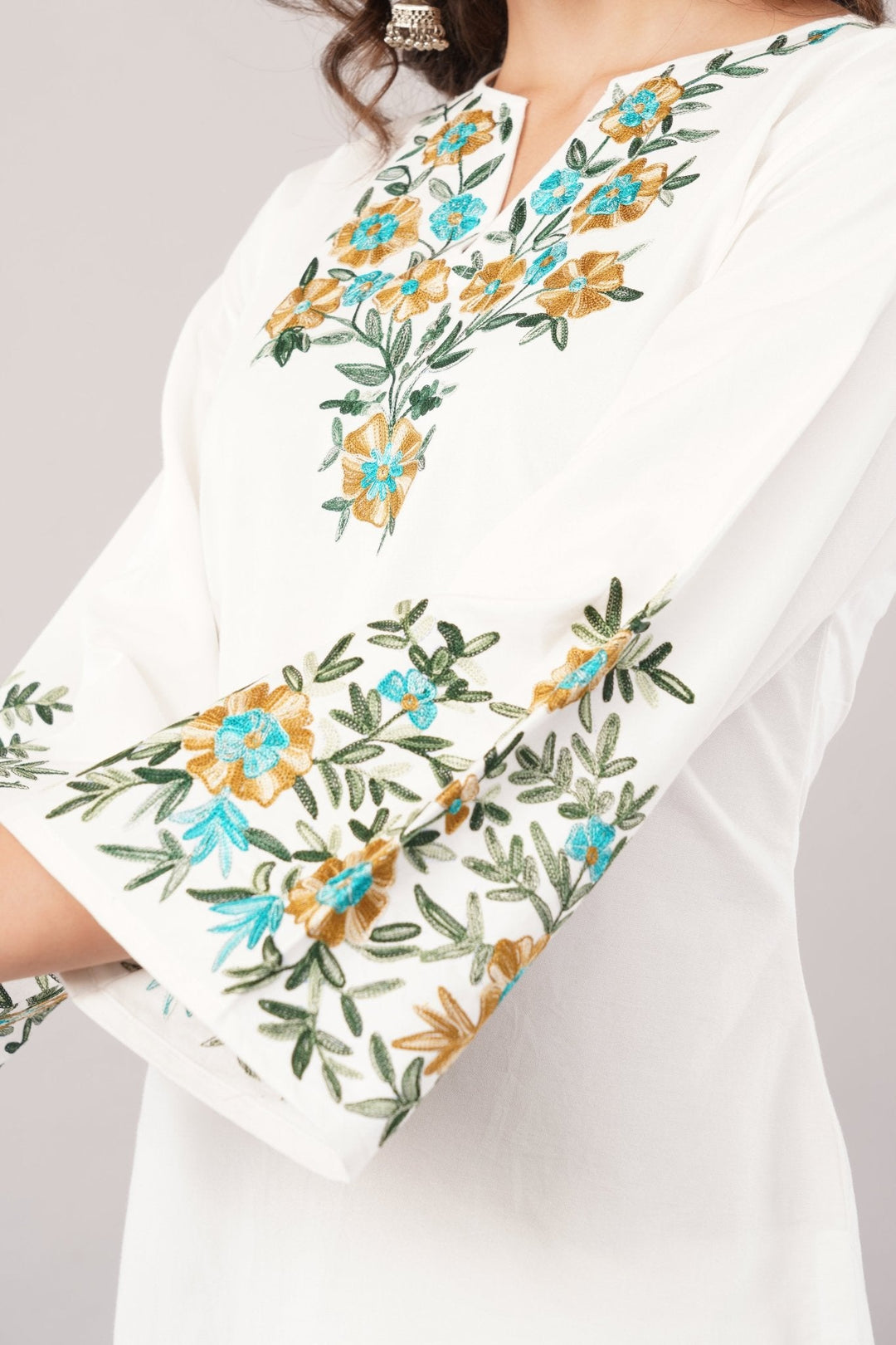White Pure Cotton Short Kurti Set with Floral Embroidery | Office & Party Wear for Women