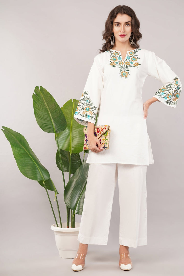 White Pure Cotton Short Kurti Set with Floral Embroidery | Office & Party Wear for Women
