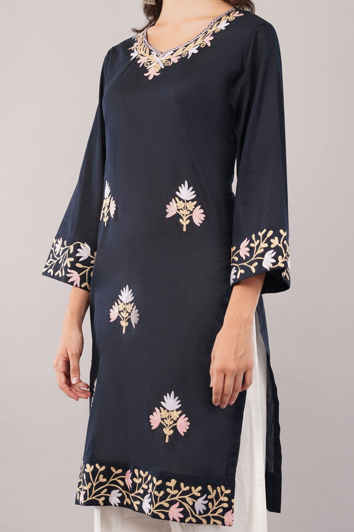 Kashmiri Embroidered Kurta - Ksona | Elegant Hand - Embroidered Cotton Kurta Set with Plazo and Dupatta, Perfect for Festive Occasions | Customized Kashmiri Embroidered Kurta Set