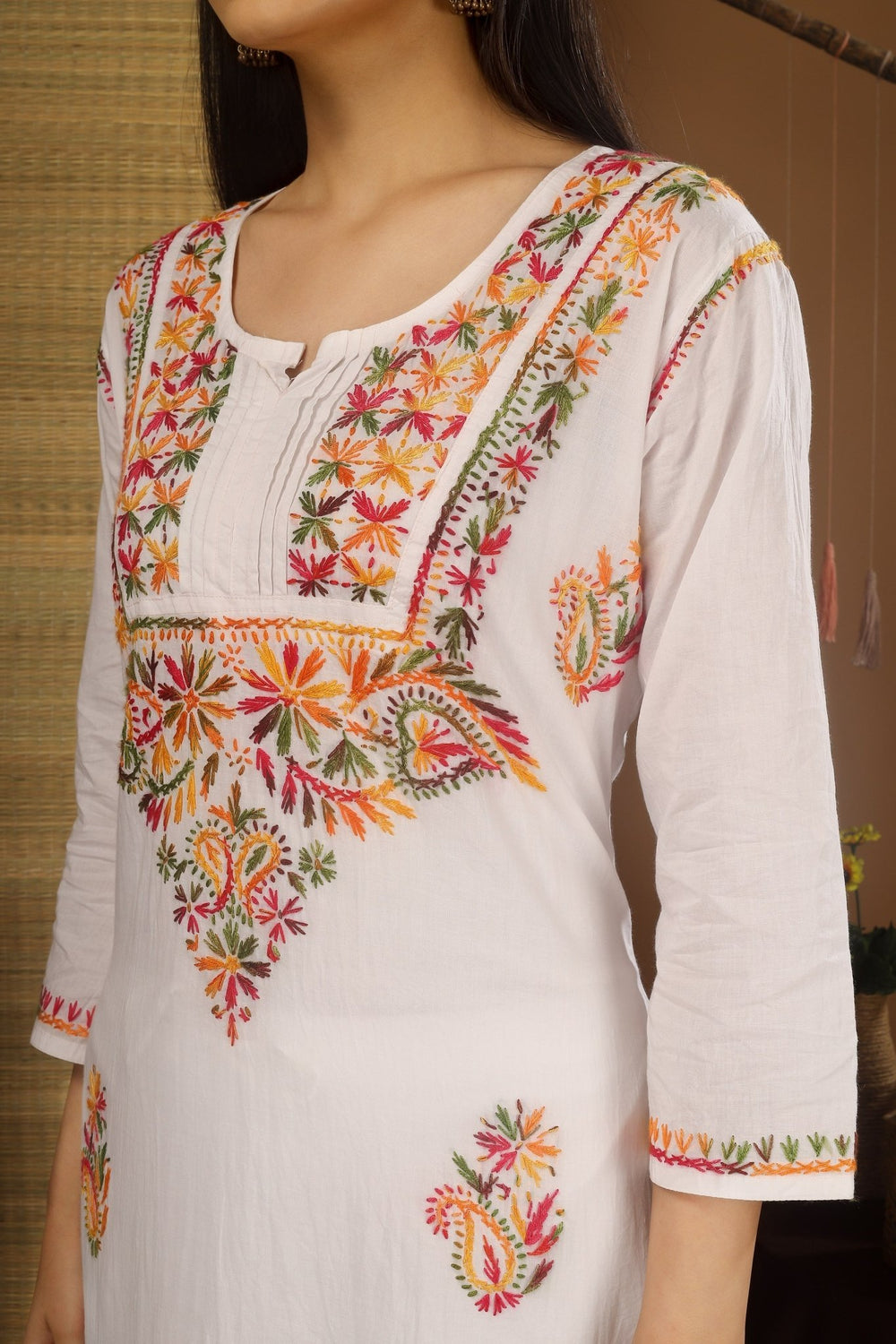 Kashmiri Embroidered Kurta - Ksona | Elegant Hand - Embroidered Cotton Kurta Set with Plazo and Dupatta, Perfect for Festive Occasions | Customized Kashmiri Embroidered Kurta Set