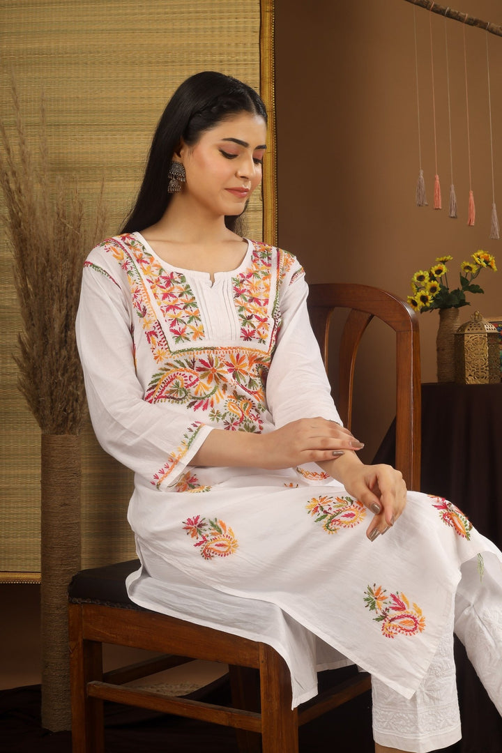 Kashmiri Embroidered Kurta - Ksona | Elegant Hand - Embroidered Cotton Kurta Set with Plazo and Dupatta, Perfect for Festive Occasions | Customized Kashmiri Embroidered Kurta Set