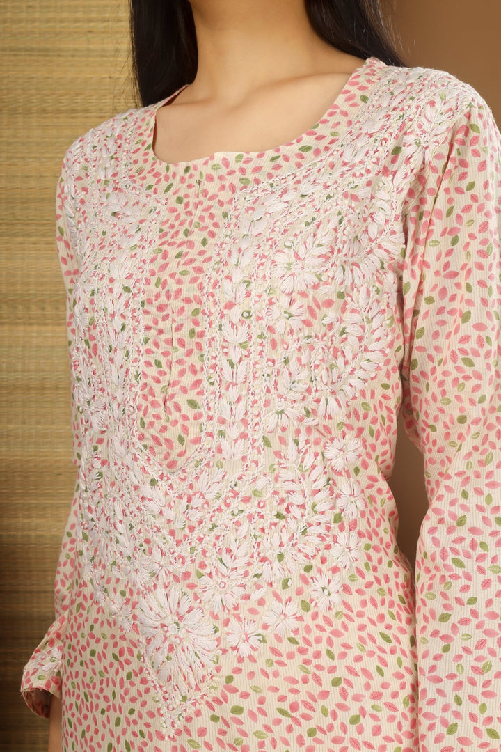 Kashmiri Embroidered Kurta - Ksona | Elegant Hand - Embroidered Cotton Kurta Set with Plazo and Dupatta, Perfect for Festive Occasions | Customized Kashmiri Embroidered Kurta Set