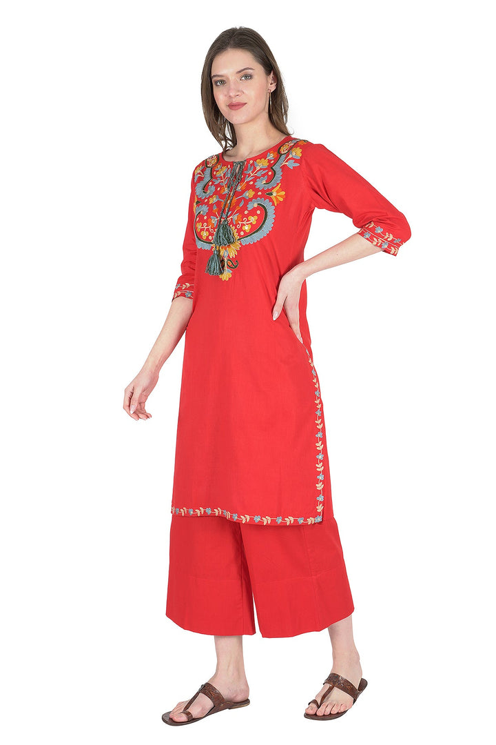 Kashmiri Embroidered Kurta - Ksona | Elegant Hand - Embroidered Cotton Kurta Set with Plazo and Dupatta, Perfect for Festive Occasions | Customized Kashmiri Embroidered Kurta Set