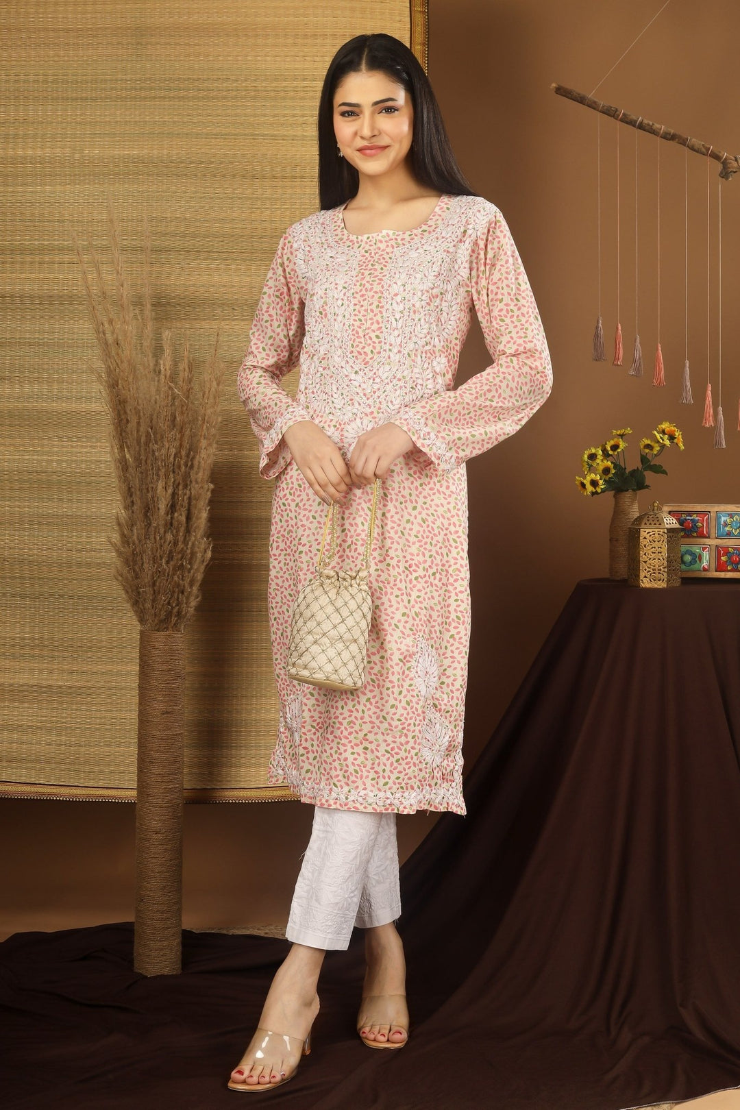 Kashmiri Embroidered Kurta - Ksona | Elegant Hand - Embroidered Cotton Kurta Set with Plazo and Dupatta, Perfect for Festive Occasions | Customized Kashmiri Embroidered Kurta Set