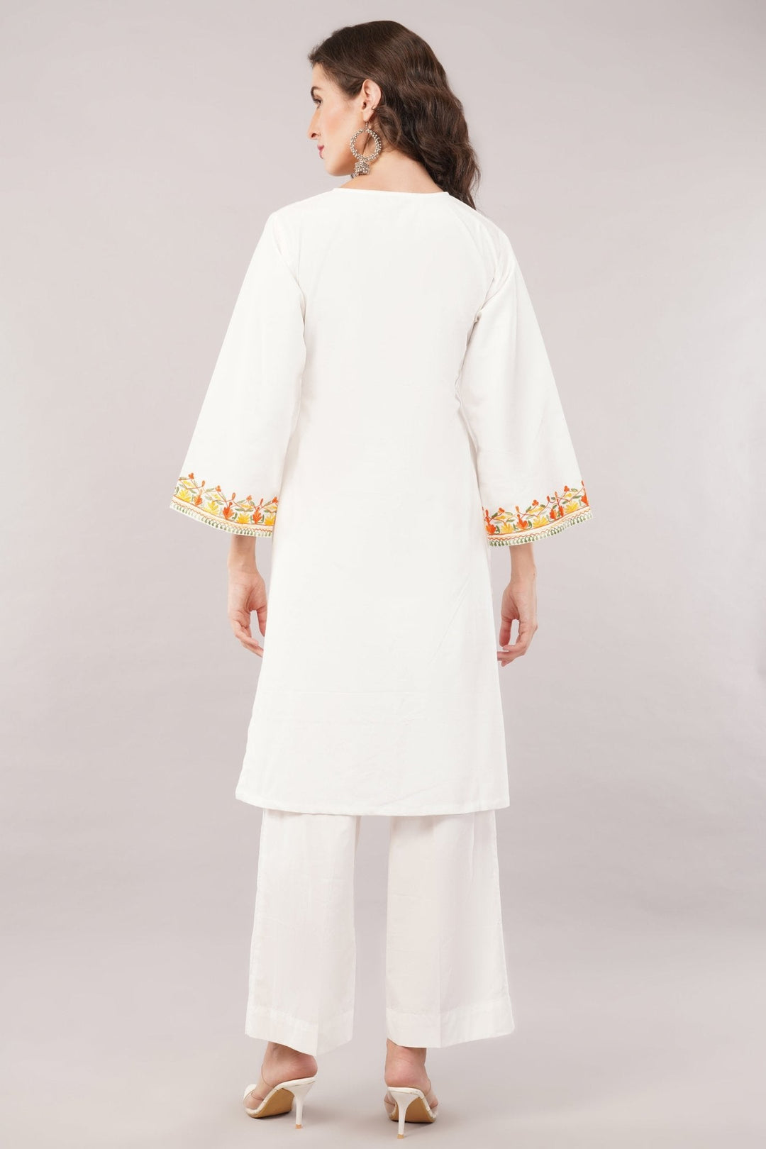 White Embroidered Cotton Kurta with High-Waisted Flare Pants