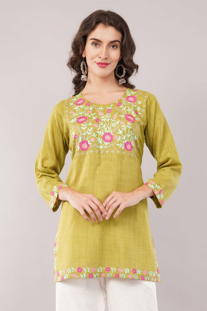 Lime Green Floral Embroidered Cotton Kurti | Summer Casual Short Kurta for Women