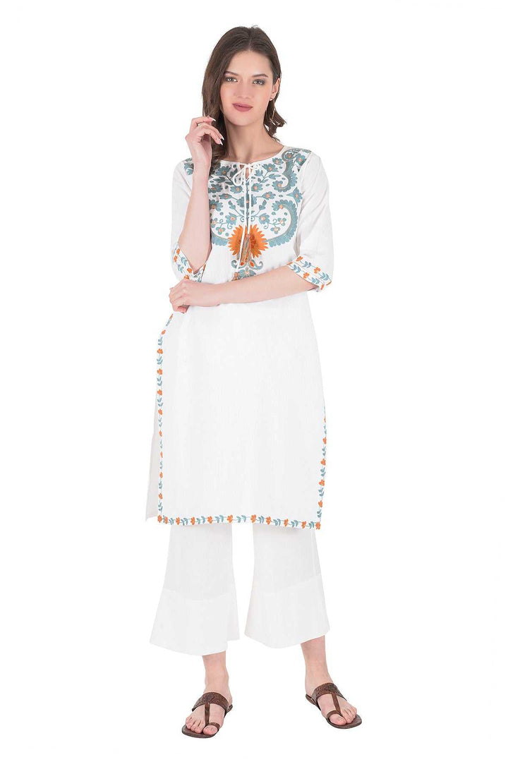 Kashmiri Embroidered Kurta - Ksona | Elegant Hand - Embroidered Cotton Kurta Set with Plazo and Dupatta, Perfect for Festive Occasions | Customized Kashmiri Embroidered Kurta Set